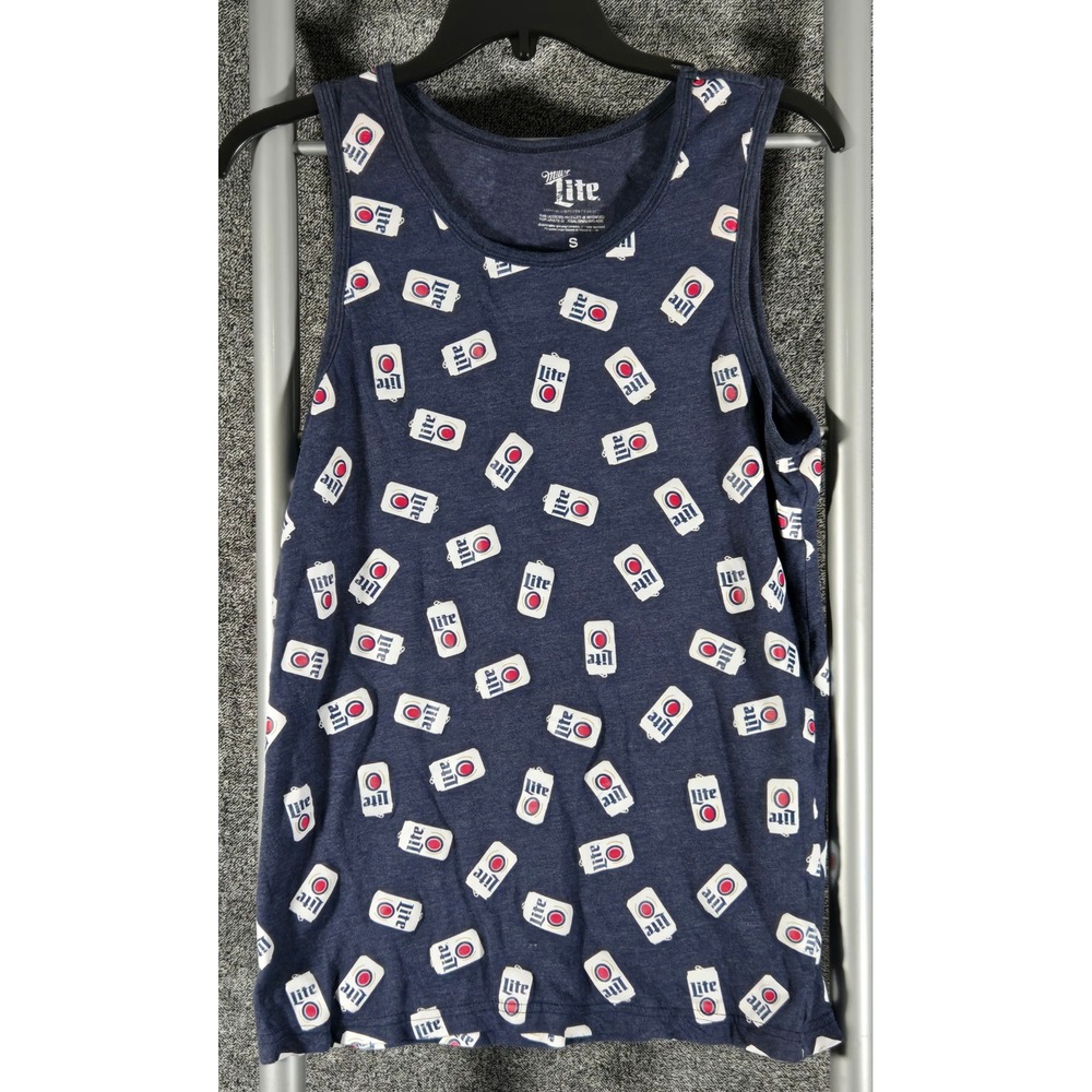 Miller Lite Beer Can All Over Print Tank Top Mens Small Navy Blue Sleeveless Tee